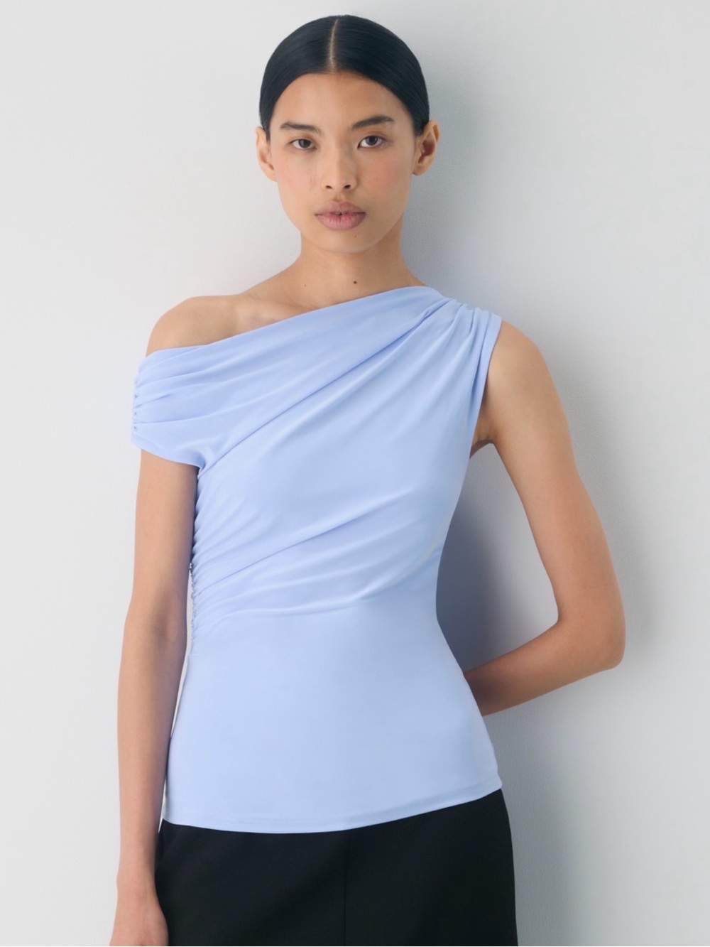 Aritzia Gallery Asymmetrical One-Shoulder Ruched Blue Top
